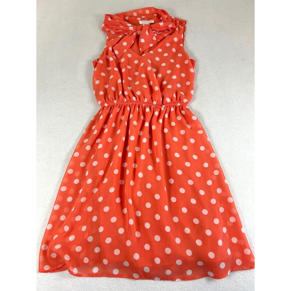 Forever 21 Polka Dot Dress Women Small Orange Retro Bow Sleeveless 044196